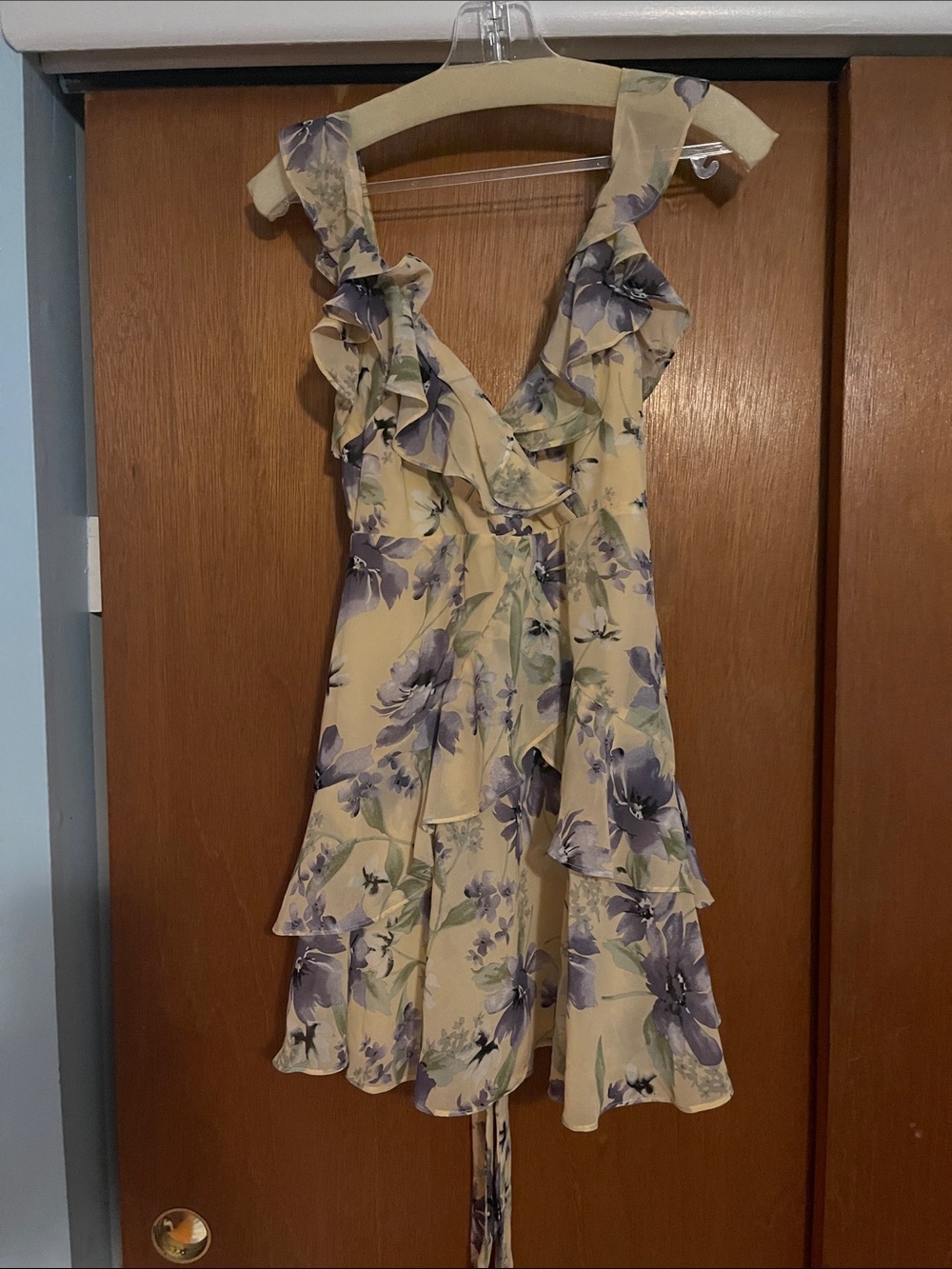 The Vintage Shop Yellow Mini Dress with Lavender Floral Ruffles